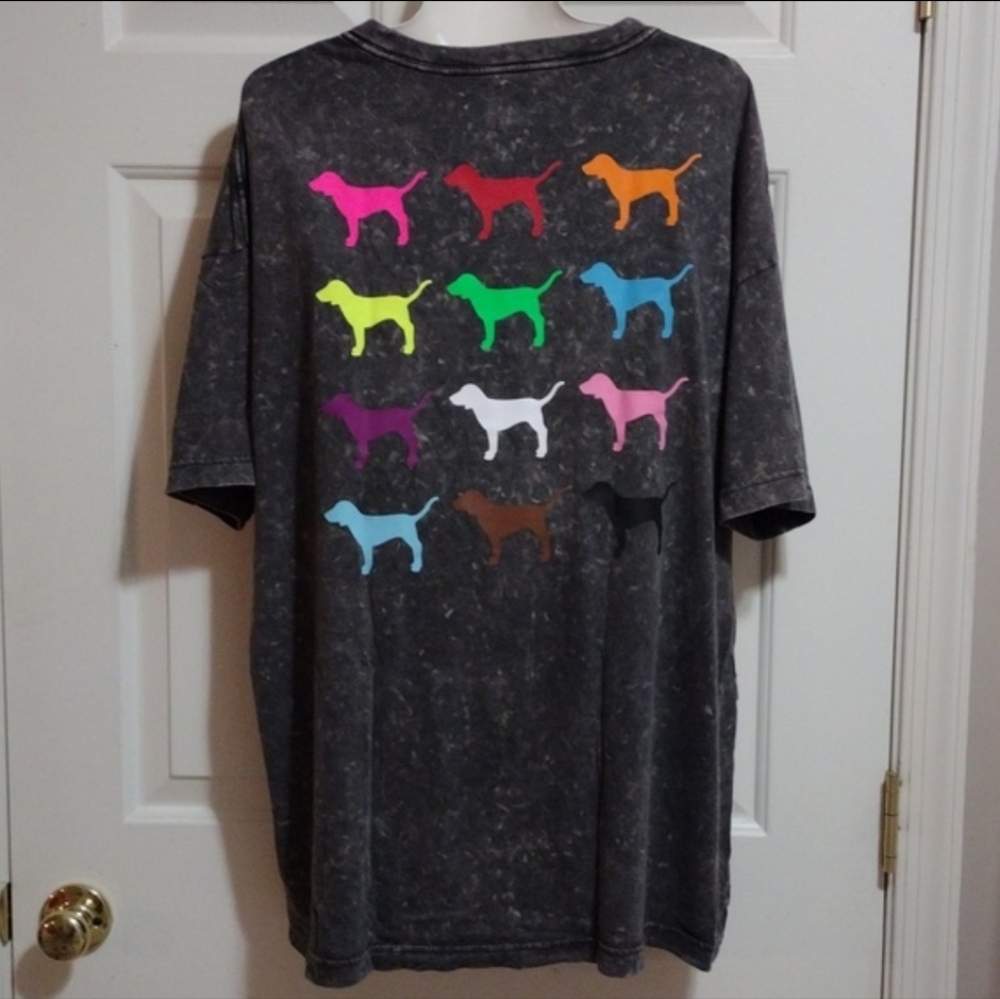 Victoria Secret PINK Logo Black Acid Wash Tee With Dog Logo One Size 🆕